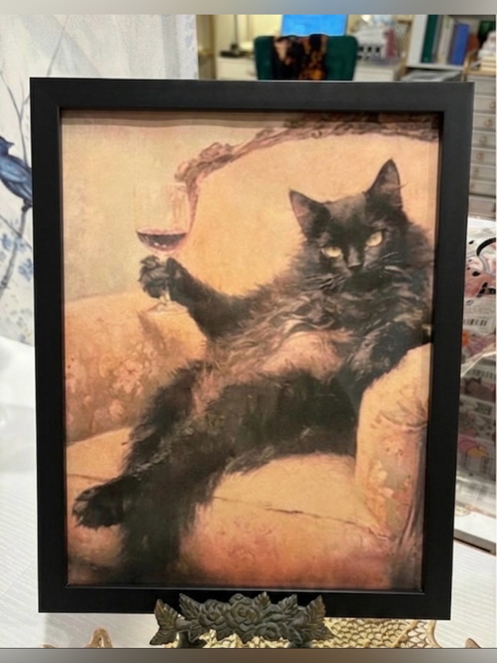 Funny Black Cat with Wine Glass Framed 8x10 Print